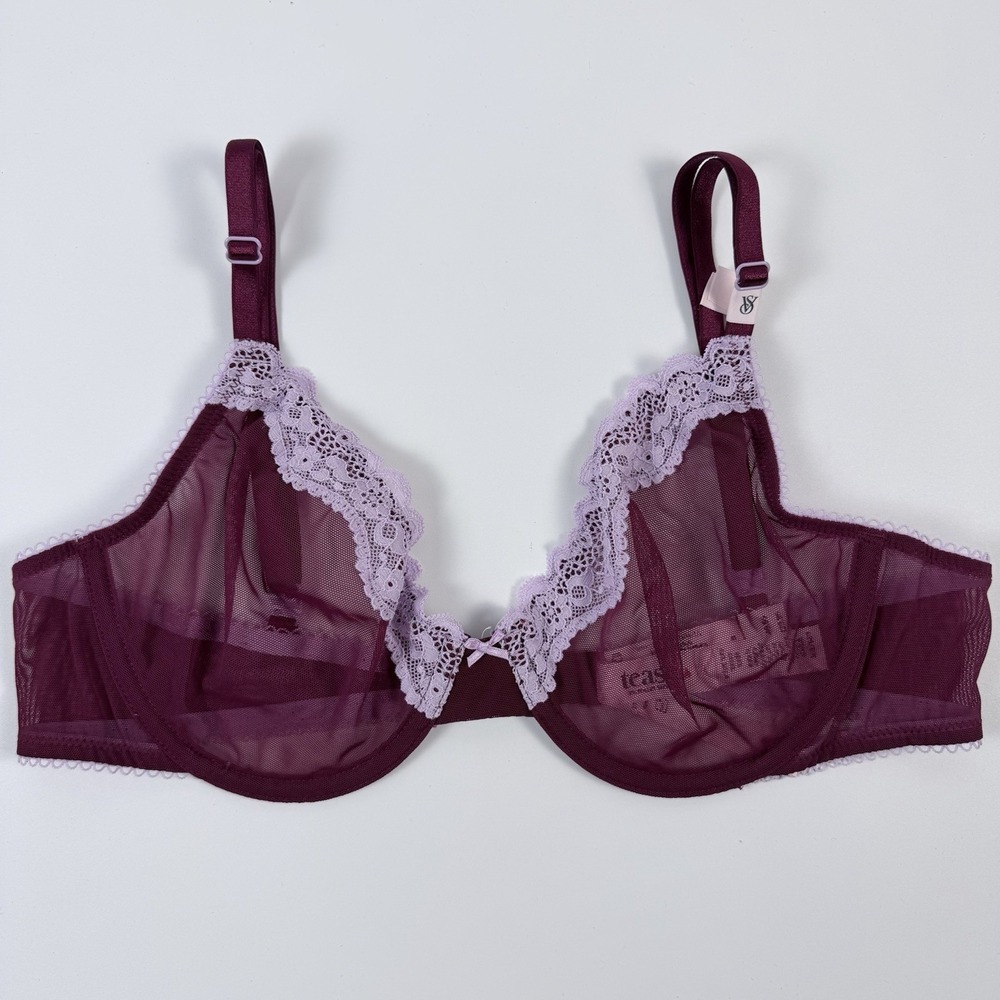 Victoria's Secret Tease Unlined Demi Bra 32D Burgundy Mesh Purple Lace NWT